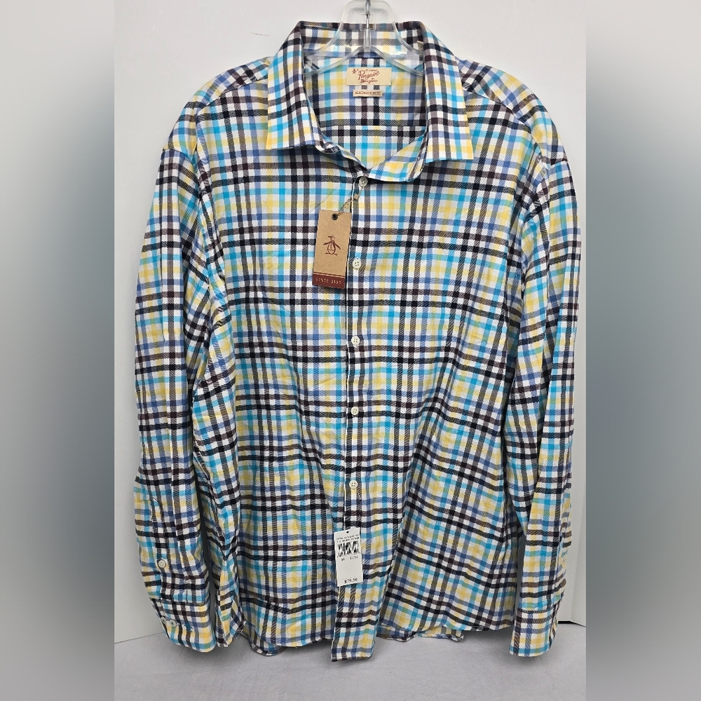 Penguin Men’s Plaid Flannel Button Up Heritage Slim Fit Size 18 34/35 NWT Cream